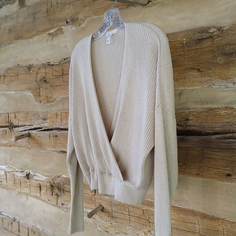 Leith Cream Ribbed Knit Faux Wrap Sweater  Small - Picture 4 of 7